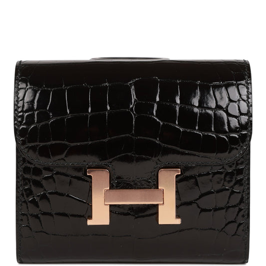 HE&ME Constance Compact Wallet Black Shiny Alligator Rose Gold Hardware