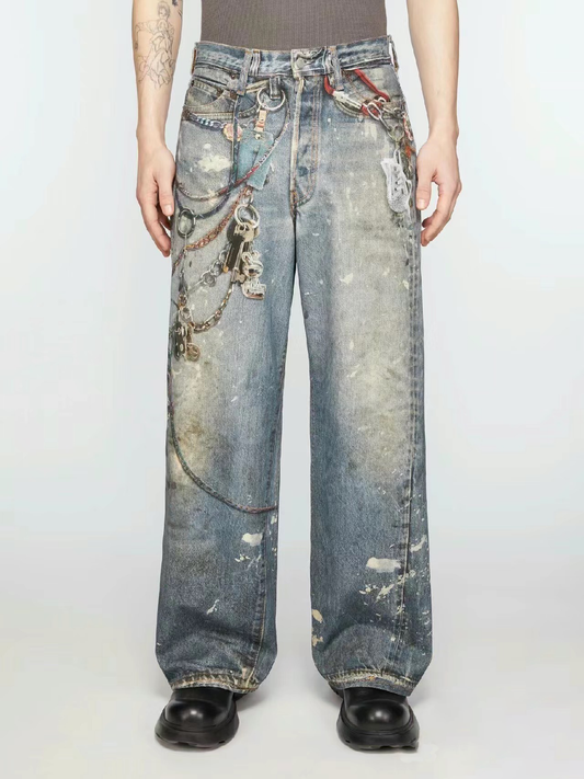 Art print loose denim pants