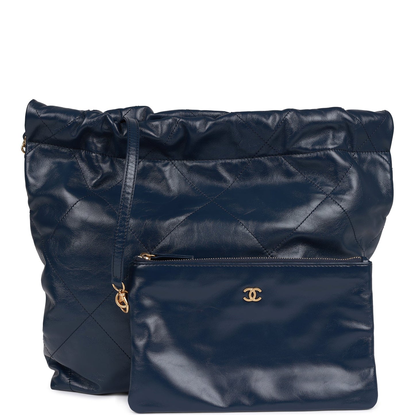 Large 22 Bag Navy Lambskin Antique Gold Hardware