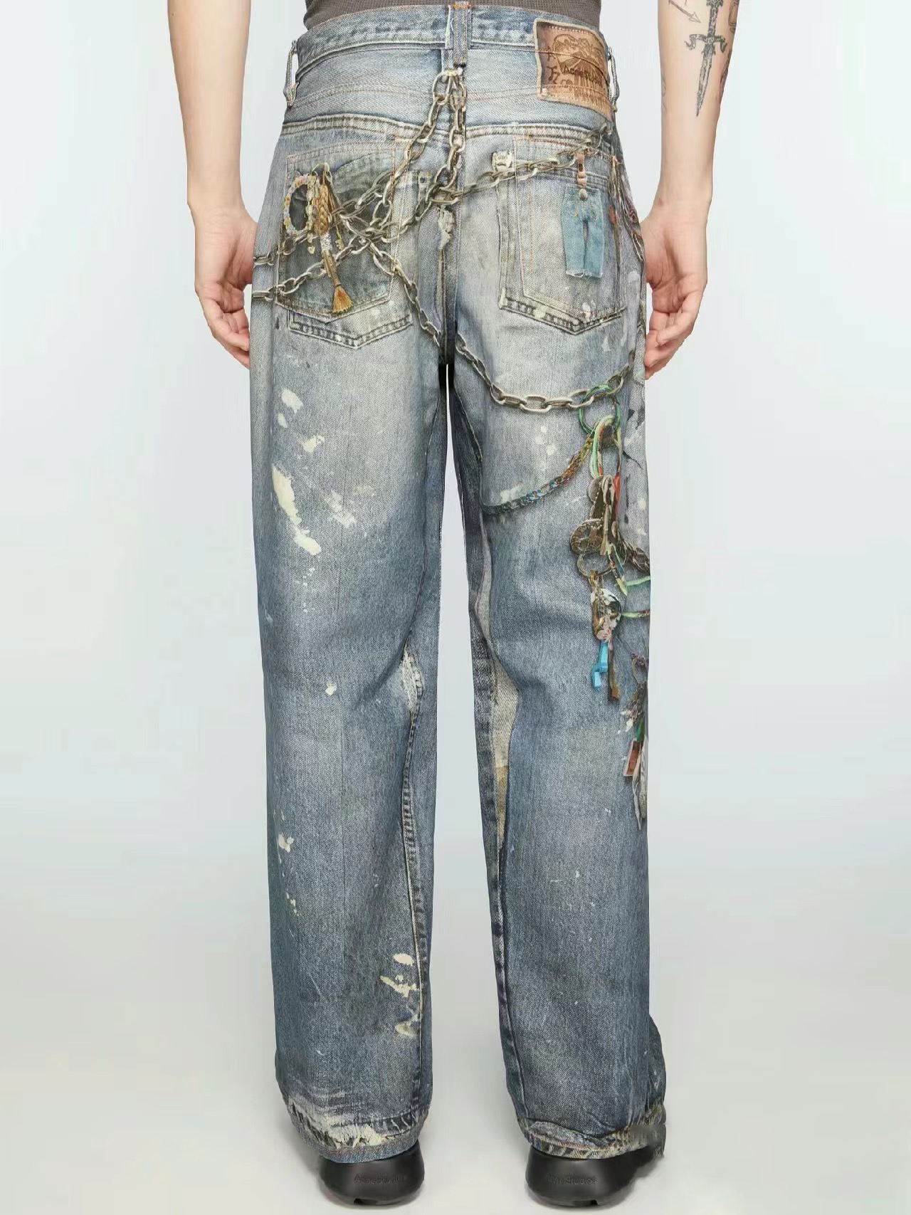 Art print loose denim pants