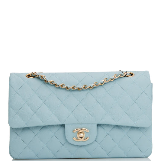 Medium Classic Double Flap Bag Blue Quilted Caviar Light Gold Hardware