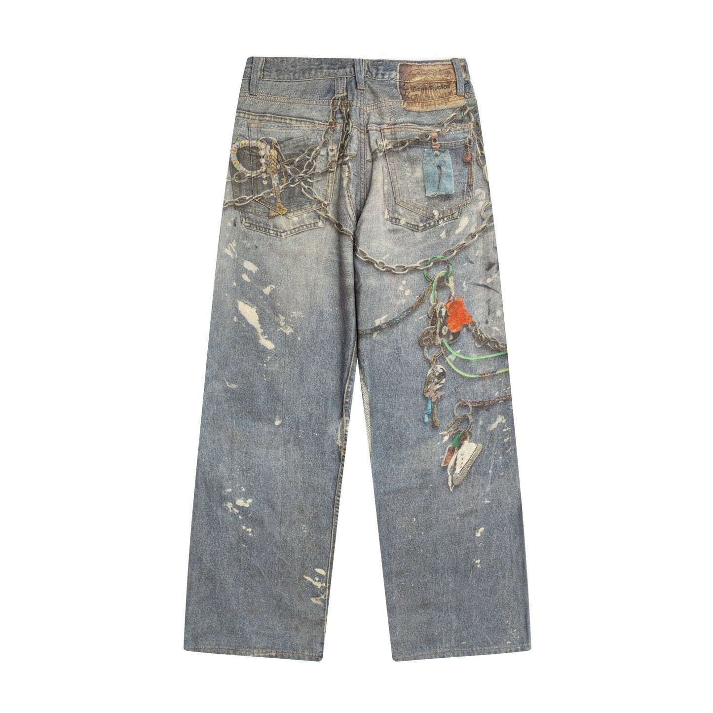 Art print loose denim pants