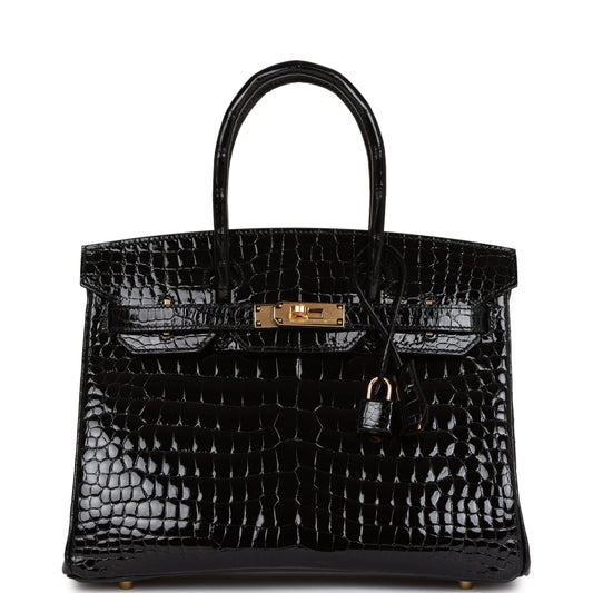 HE&ME Birkin 30 Black Shiny Niloticus Crocodile Gold Hardware