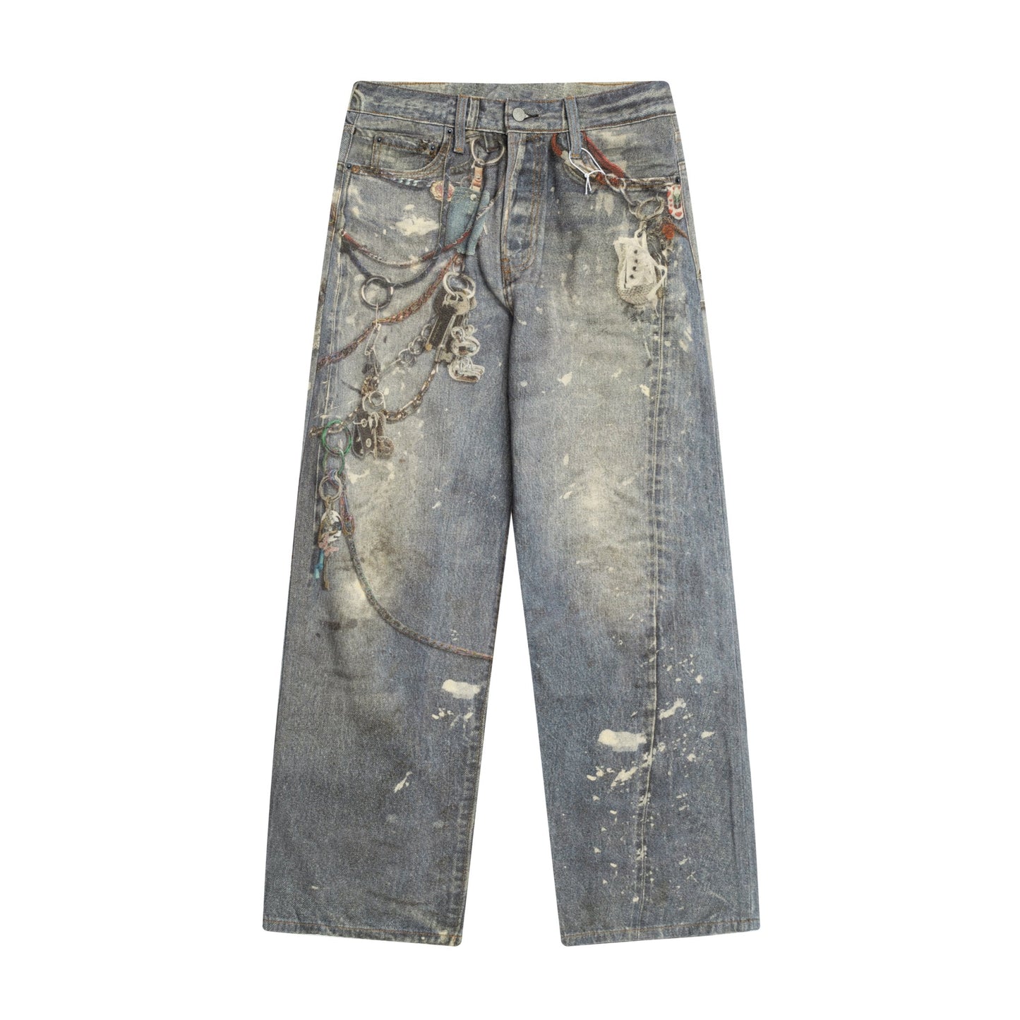 Art print loose denim pants