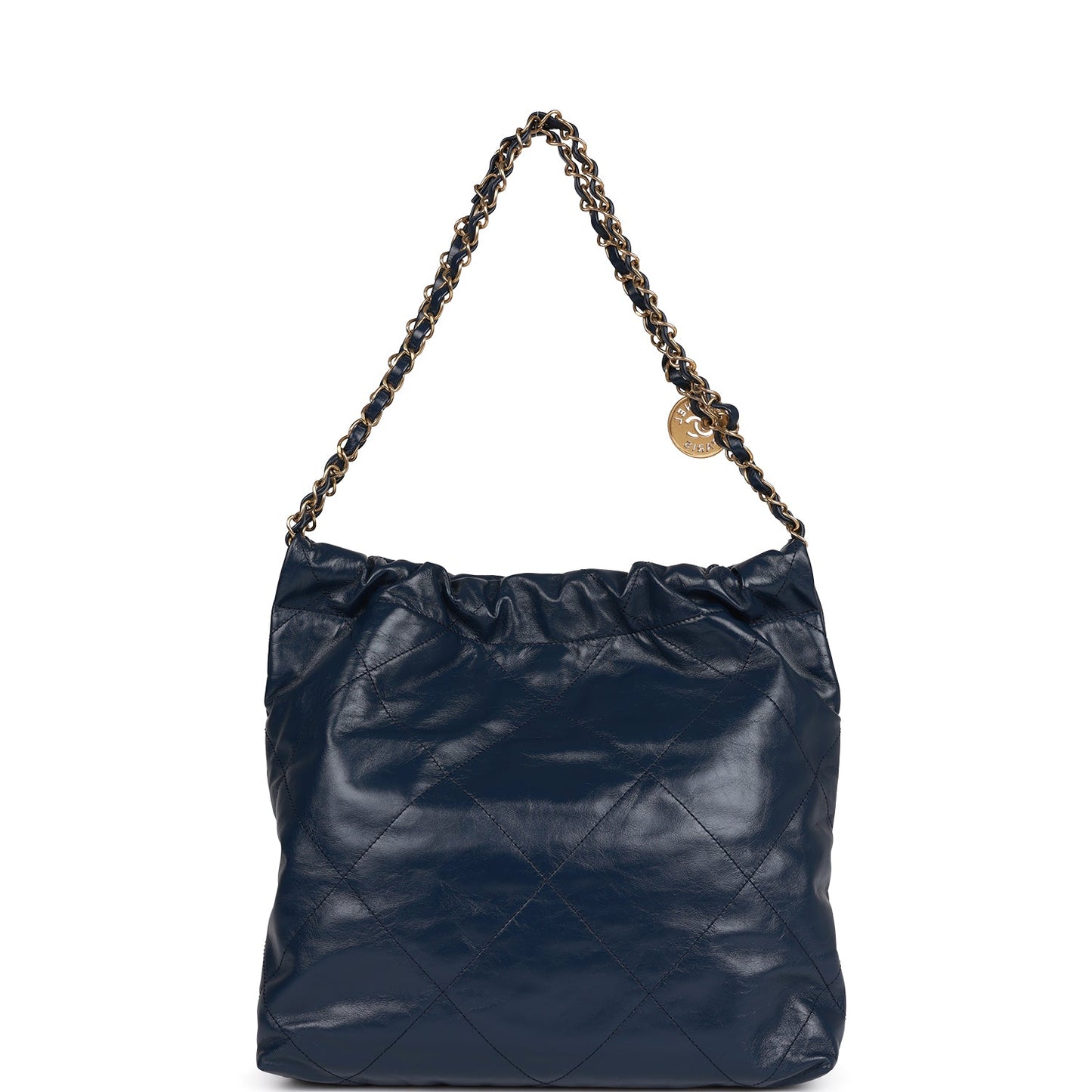 Large 22 Bag Navy Lambskin Antique Gold Hardware