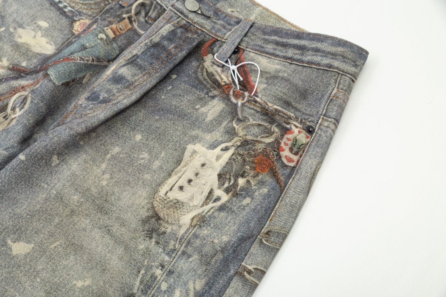 Art print loose denim pants